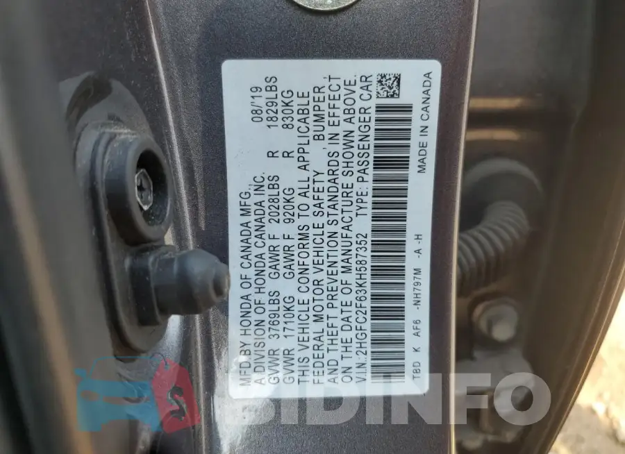 2HGFC2F63KH587352 Photo# 12