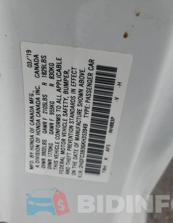 2HGFC3B36KH353949 Photo# 12