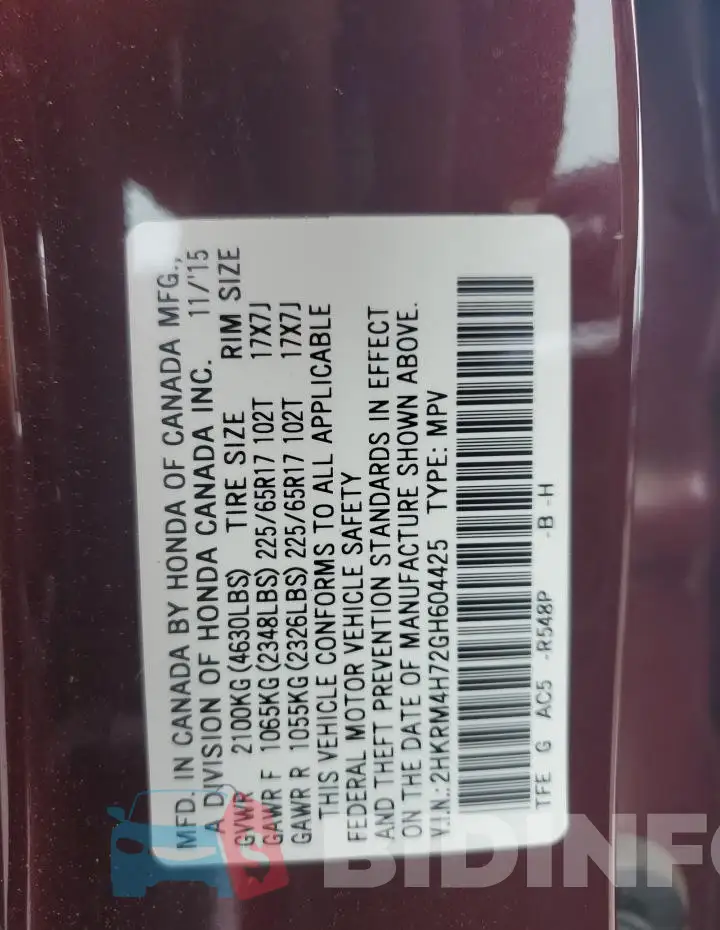 2HKRM4H72GH604425 Photo# 13