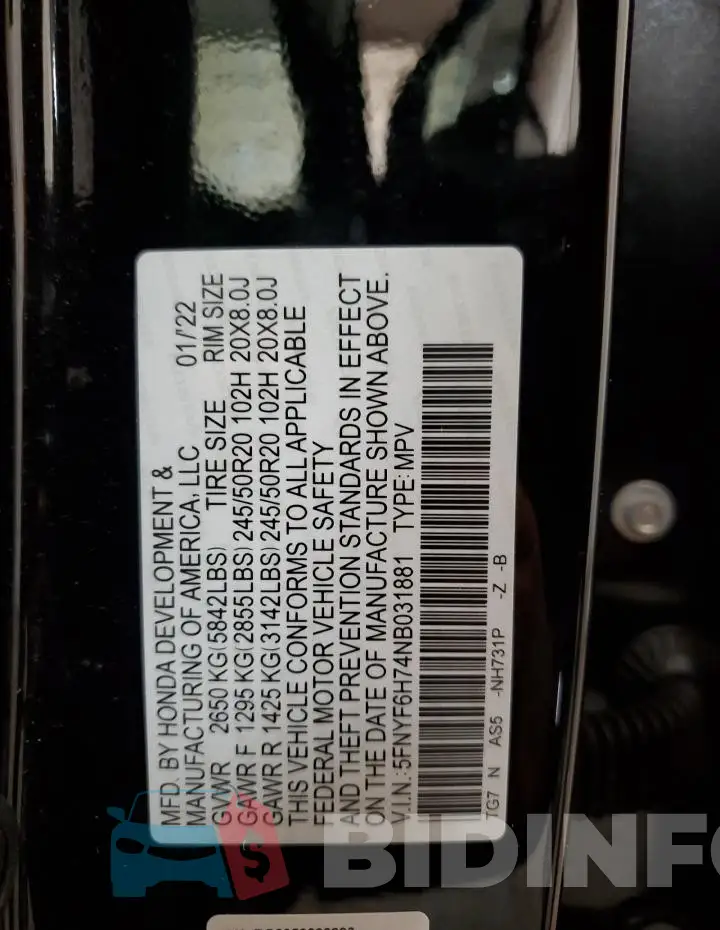 5FNYF6H74NB031881 Photo# 13