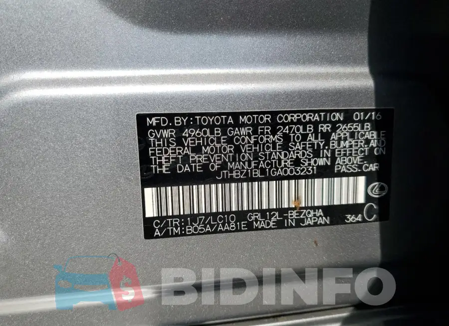 JTHBZ1BL1GA003231 Photo# 13