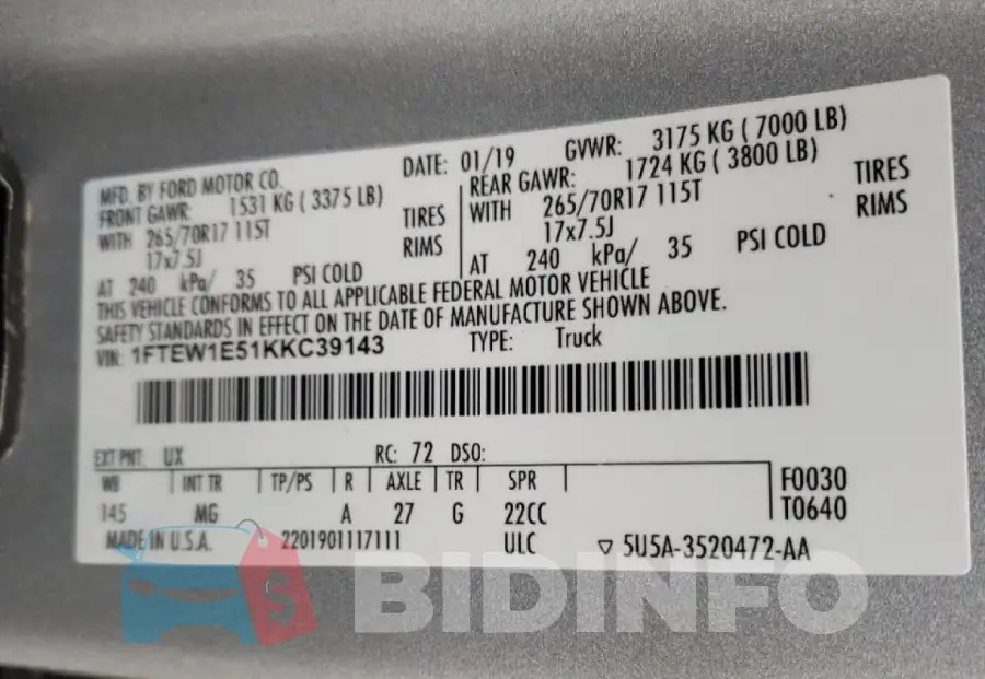 1FTEW1E51KKC39143 Photo# 12