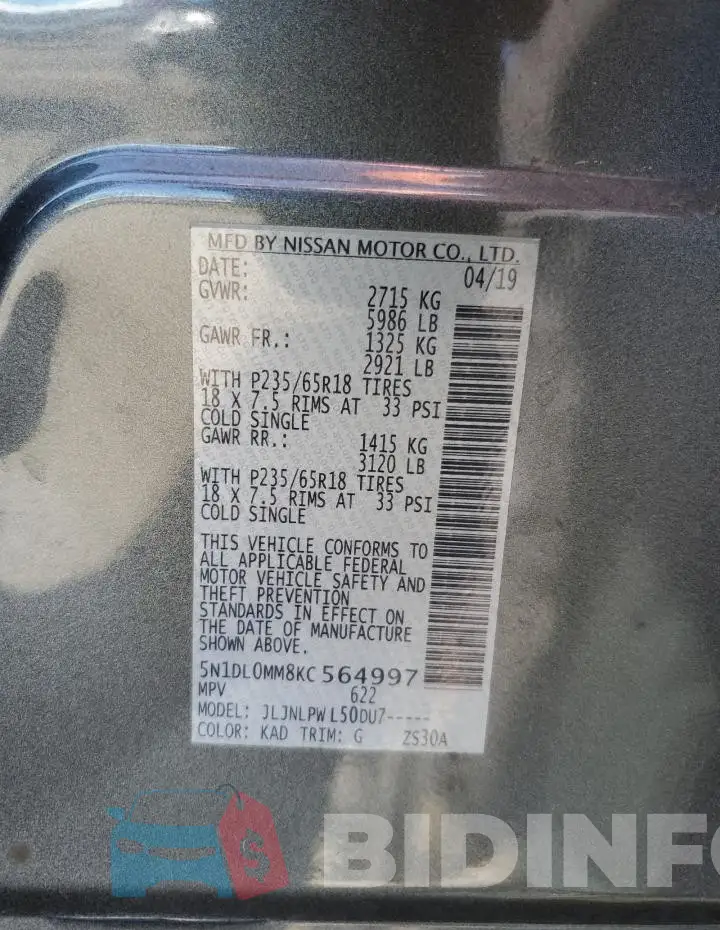 5N1DL0MM8KC564997 Photo# 13