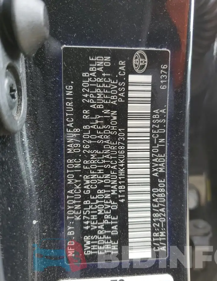 4T1B11HK4KU687301 Photo# 12