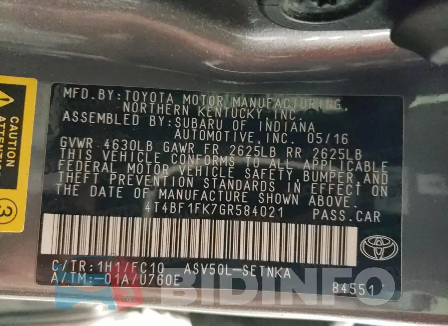 4T4BF1FK7GR584021 Photo# 12