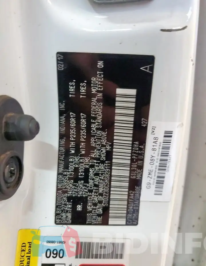 5TDZZ3DC5HS829111 Photo# 13
