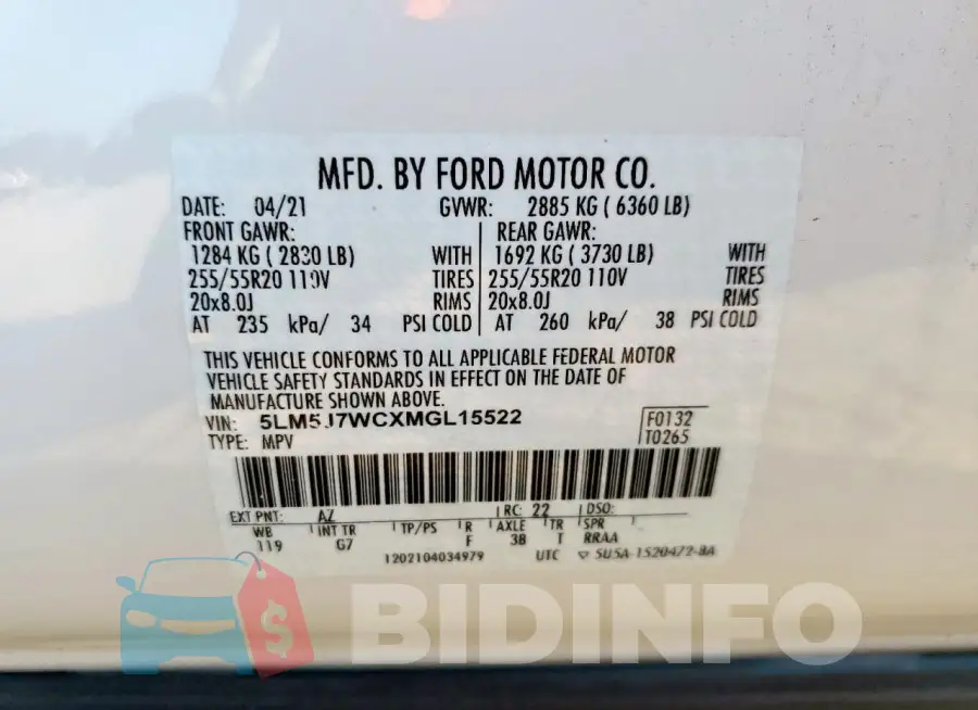 5LM5J7WCXMGL15522 Photo# 14