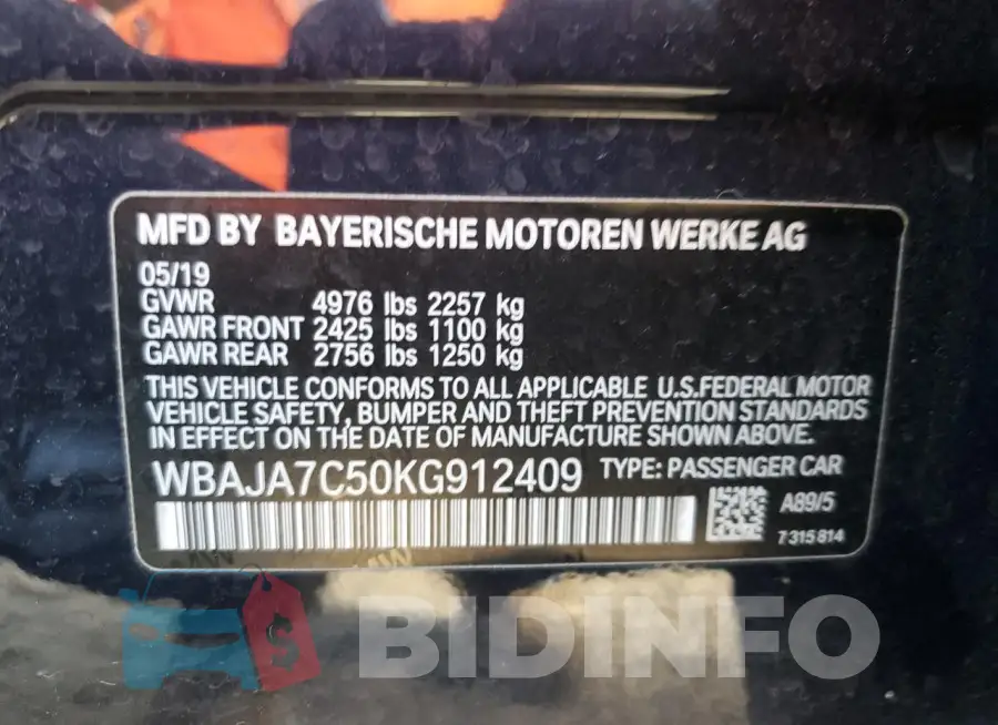 WBAJA7C50KG912409 Photo# 12
