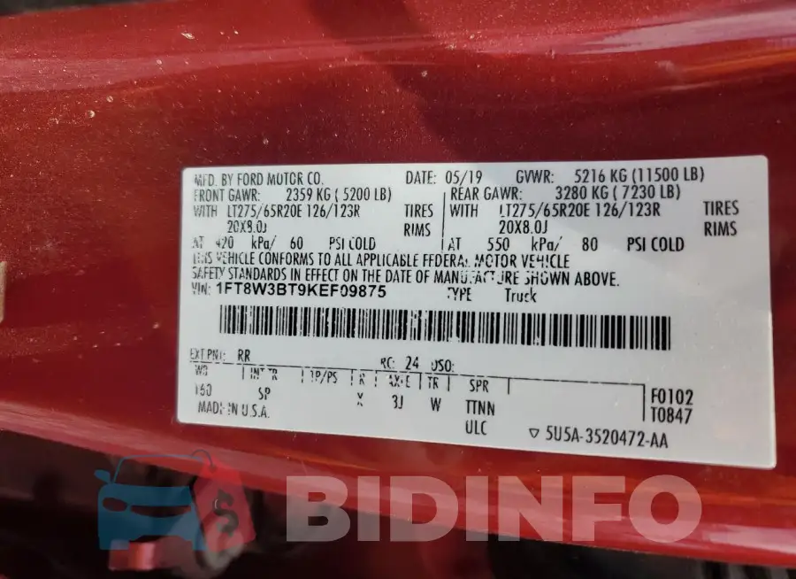 1FT8W3BT9KEF09875 Photo# 12