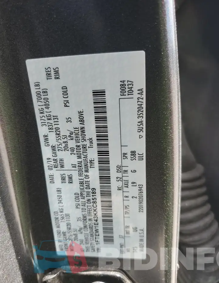 1FTEW1E43KKC85189 Photo# 12