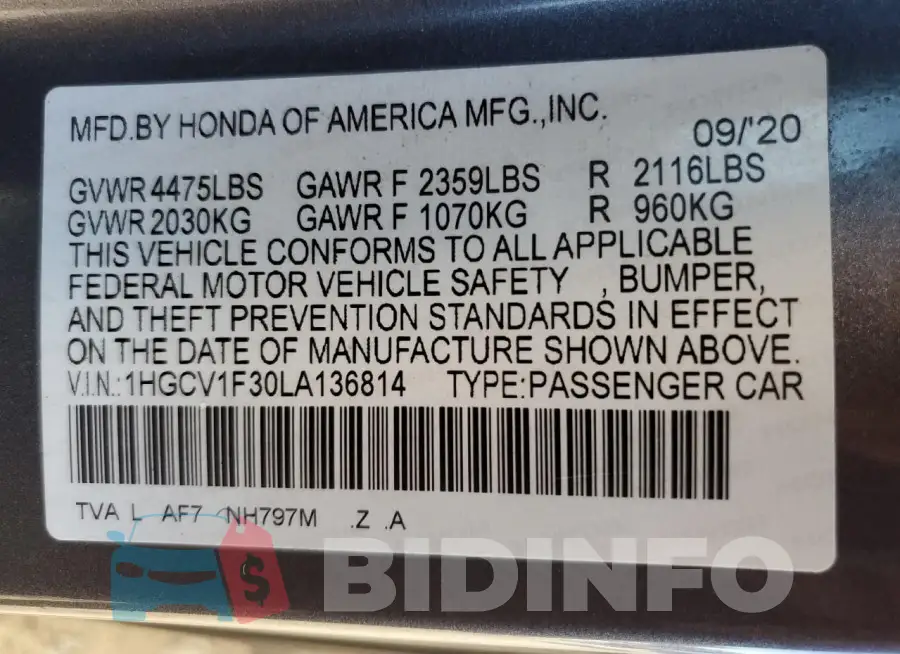 1HGCV1F30LA136814 Photo# 12