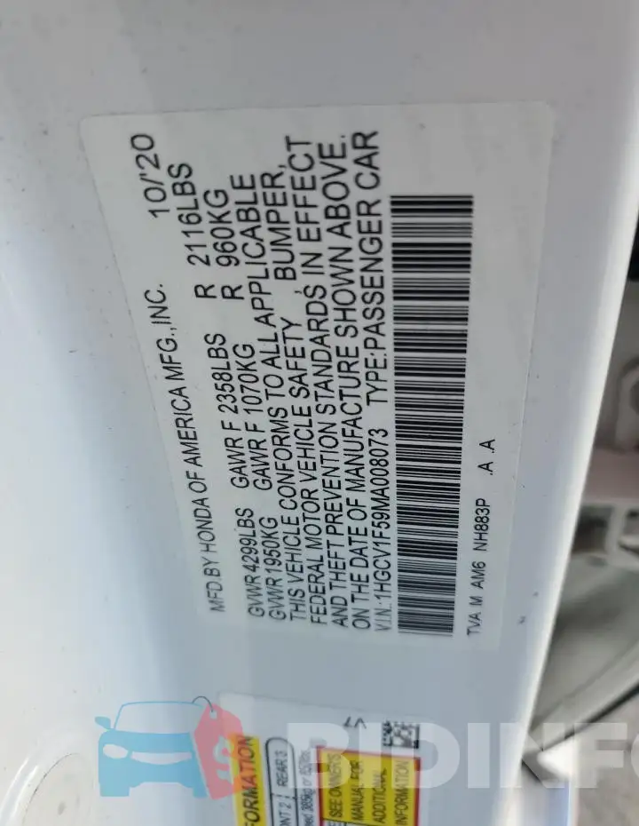 1HGCV1F59MA008073 Photo# 12