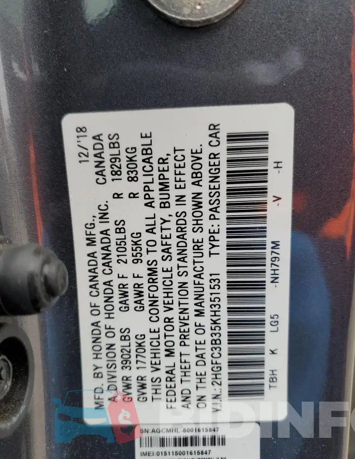2HGFC3B35KH351531 Photo# 12