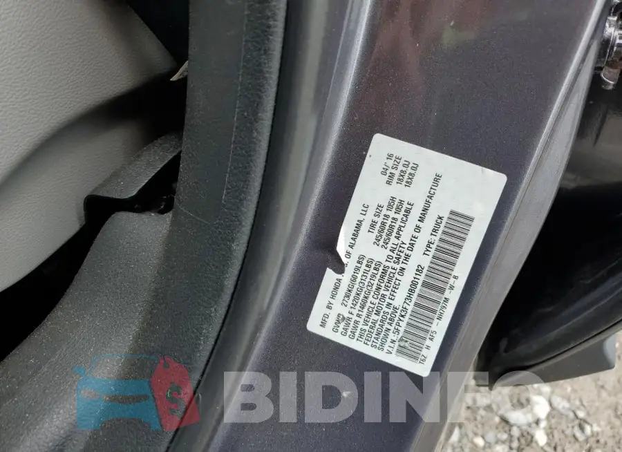 5FPYK3F73HB001182 Photo# 13