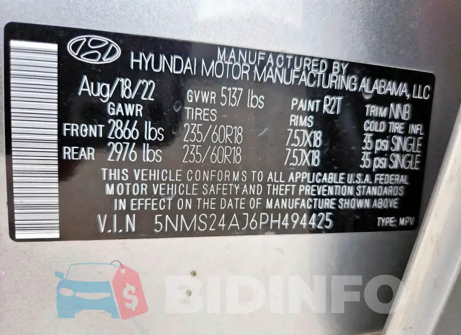 5NMS24AJ6PH494425 Photo# 14