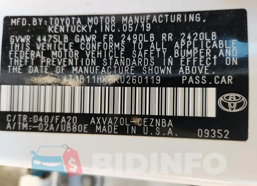 4T1B11HK6KU260119 Photo# 13
