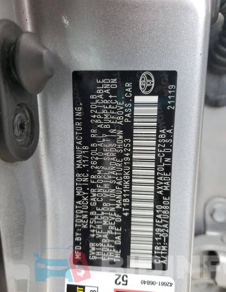 4T1B11HK8KU194253 Photo# 13