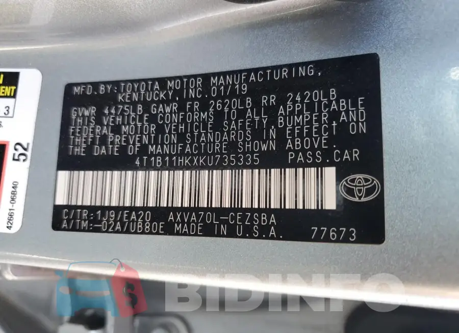 4T1B11HKXKU735335 Photo# 12