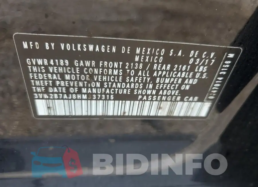 3VW2B7AJ8HM337315 Photo# 12