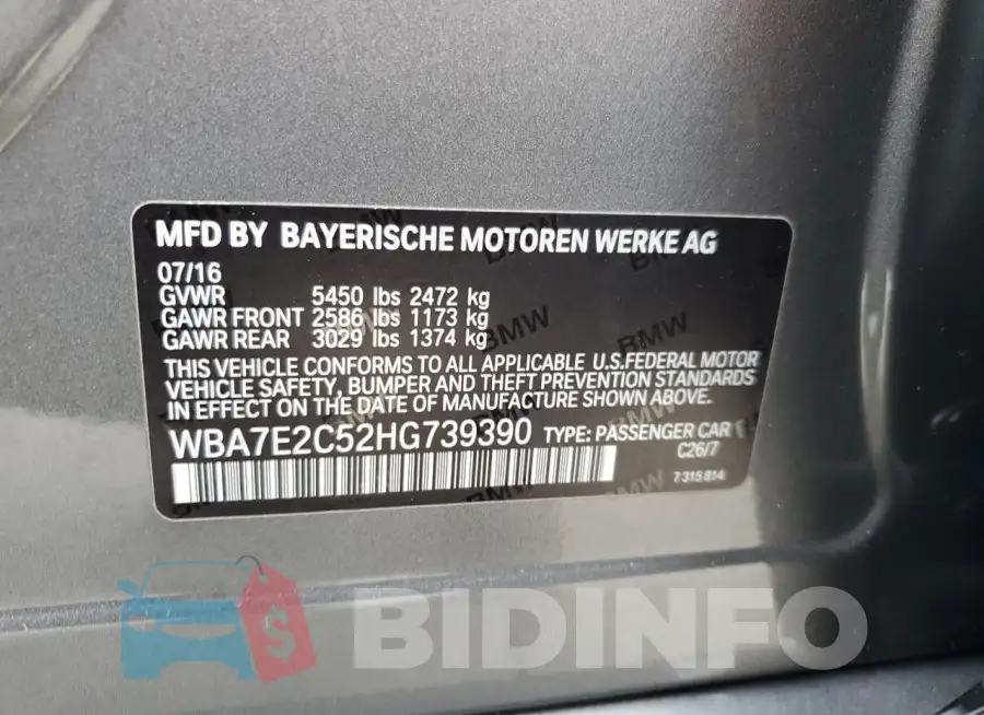 WBA7E2C52HG739390 Photo# 12