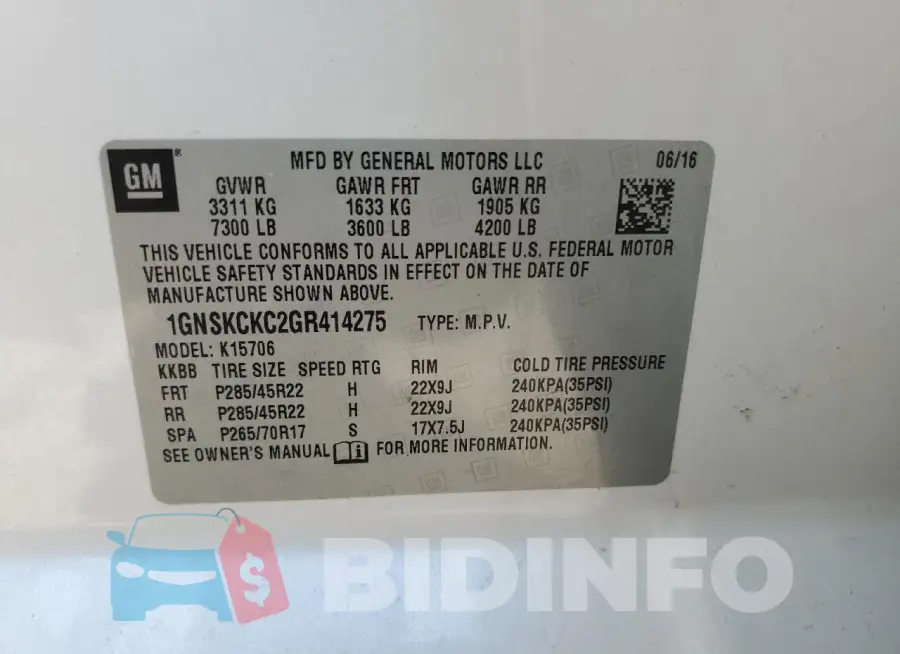 1GNSKCKC2GR414275 Photo# 13