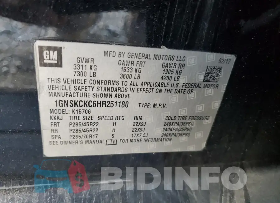 1GNSKCKC6HR251180 Photo# 14