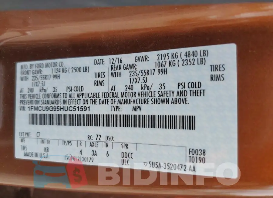 1FMCU9G95HUC51591 Photo# 13