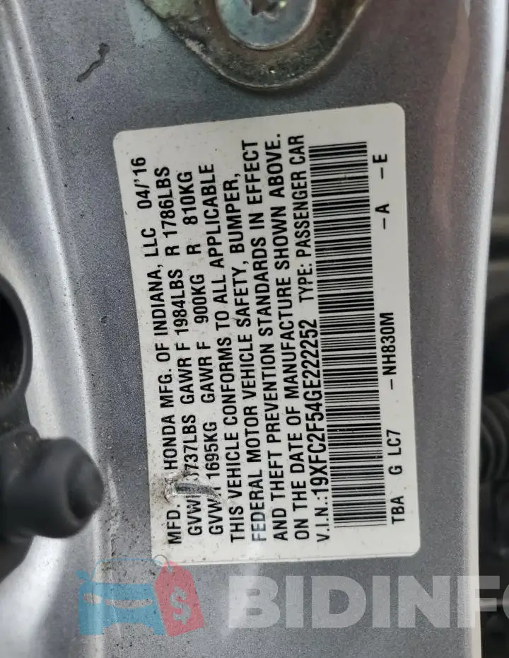 19XFC2F54GE222252 Photo# 12