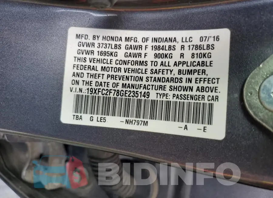19XFC2F78GE235149 Photo# 12