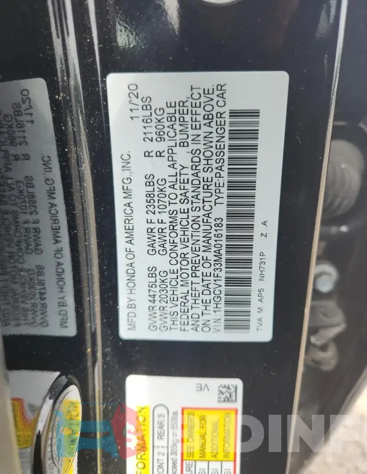 1HGCV1F33MA016183 Photo# 13