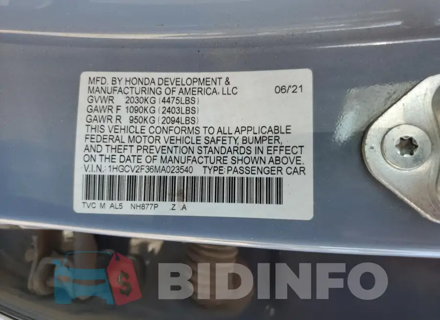 1HGCV2F36MA023540 Photo# 13