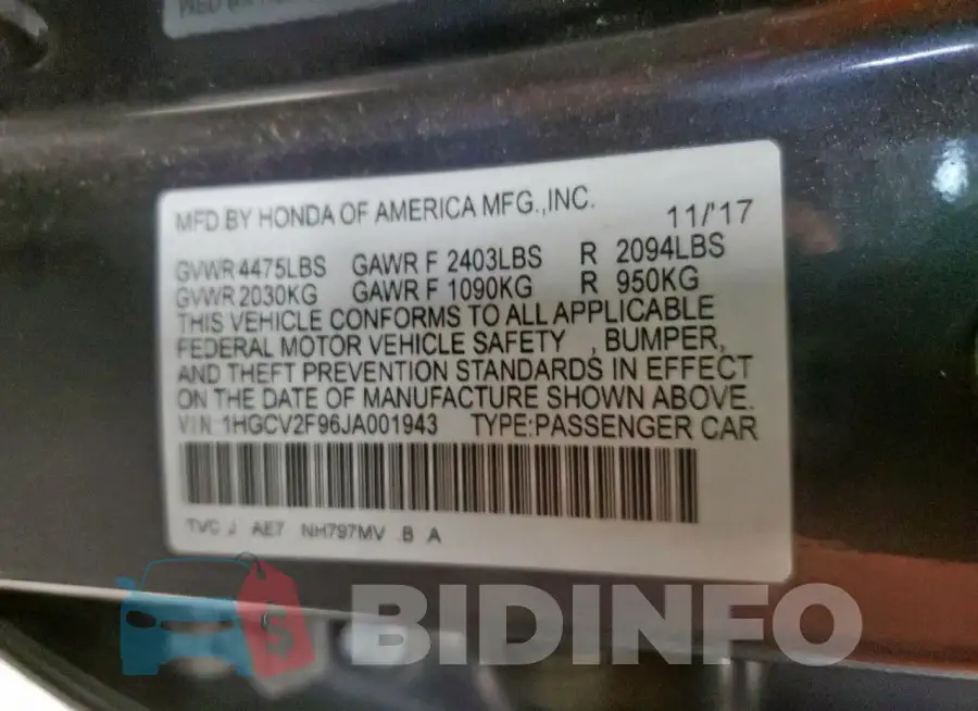 1HGCV2F96JA001943 Photo# 12