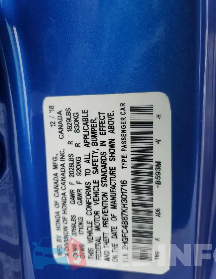 2HGFC4B87KH301716 Photo# 12
