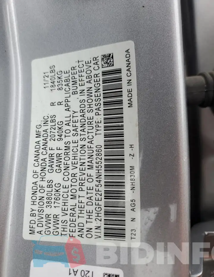 2HGFE2F54NH552860 Photo# 13