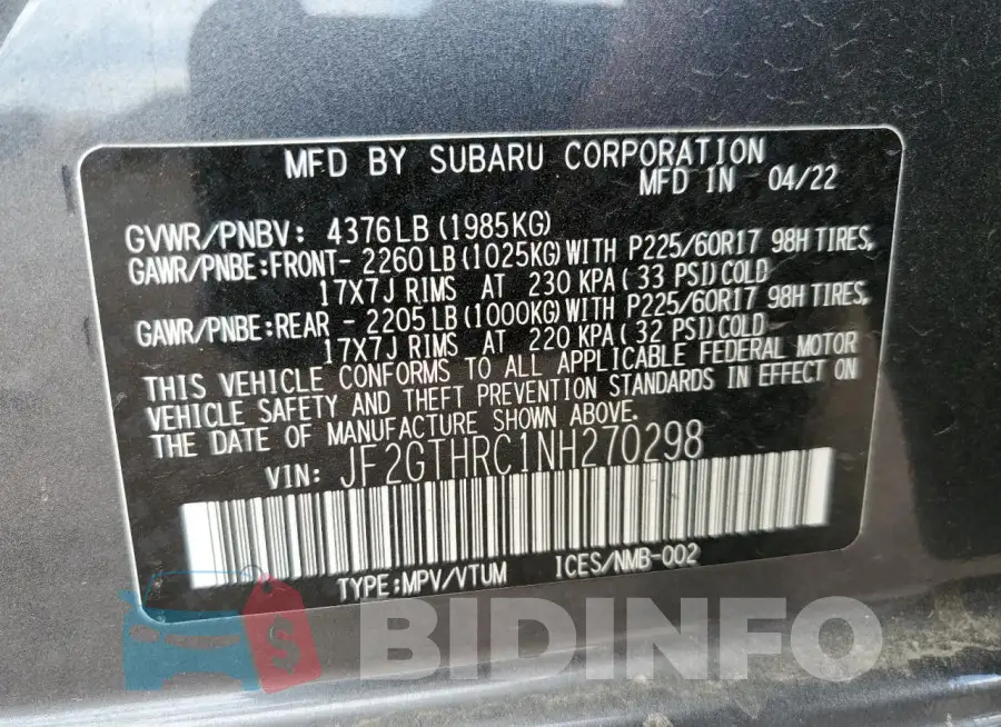 JF2GTHRC1NH270298 Photo# 12