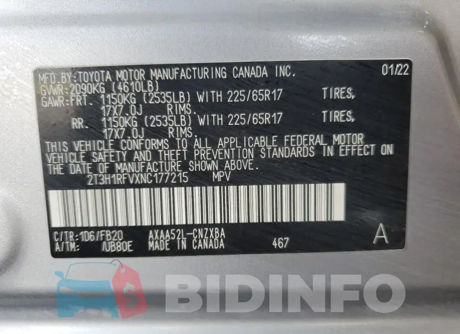 2T3H1RFVXNC177215 Photo# 13
