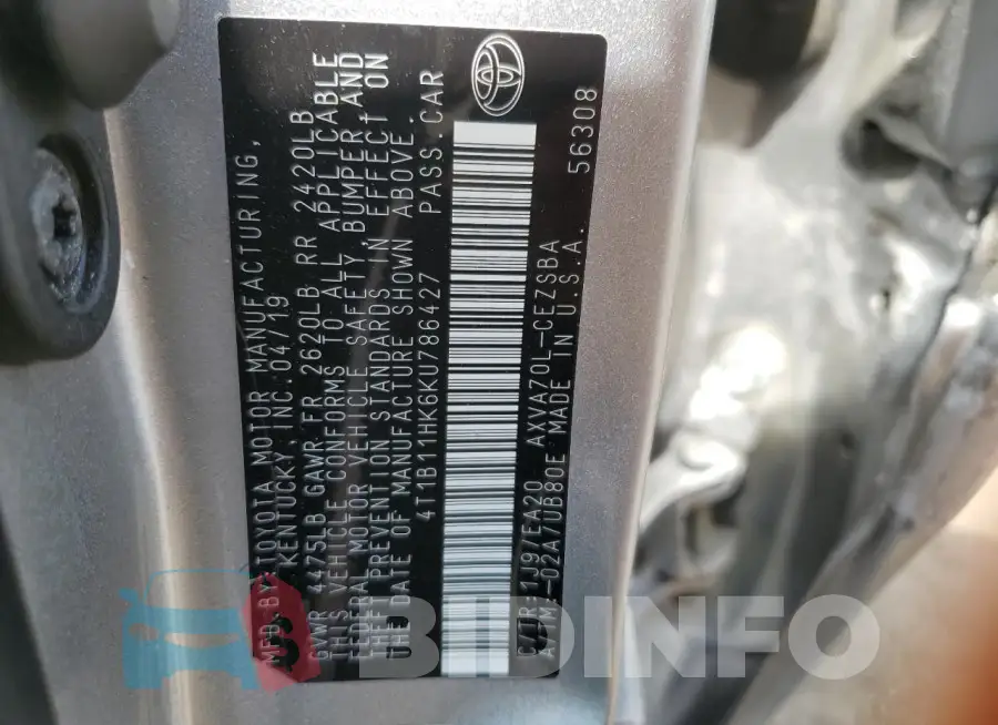 4T1B11HK6KU786427 Photo# 12