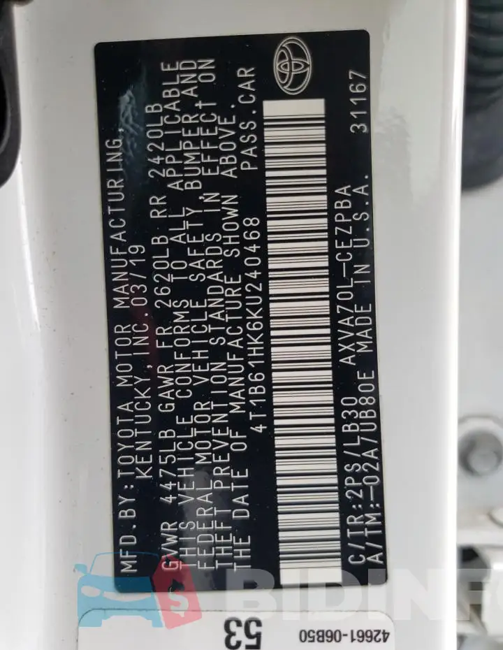 4T1B61HK6KU240468 Photo# 12