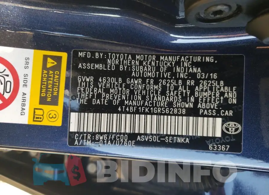 4T4BF1FK1GR562838 Photo# 13