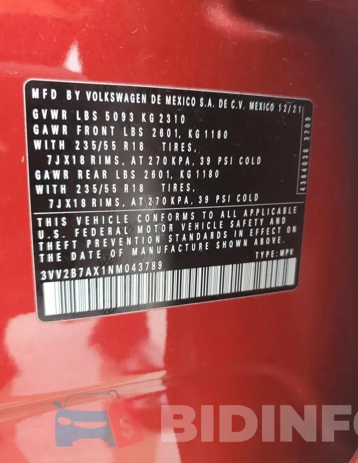 3VV2B7AX1NM043789 Photo# 13