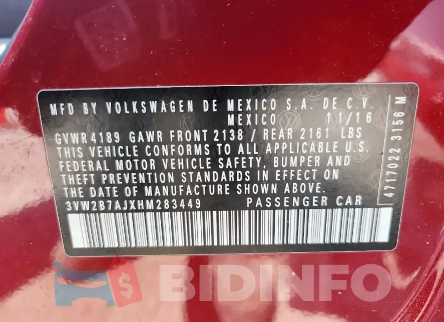 3VW2B7AJXHM283449 Photo# 12