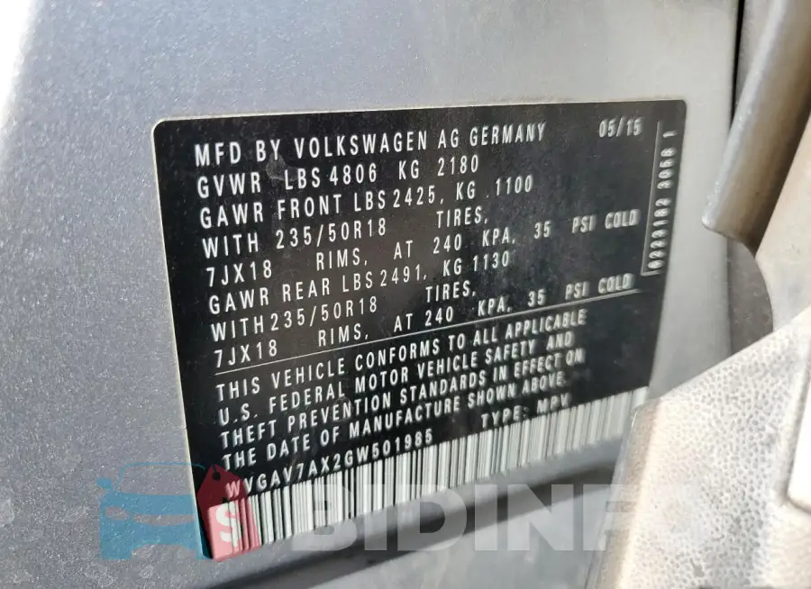 WVGAV7AX2GW501985 Photo# 14