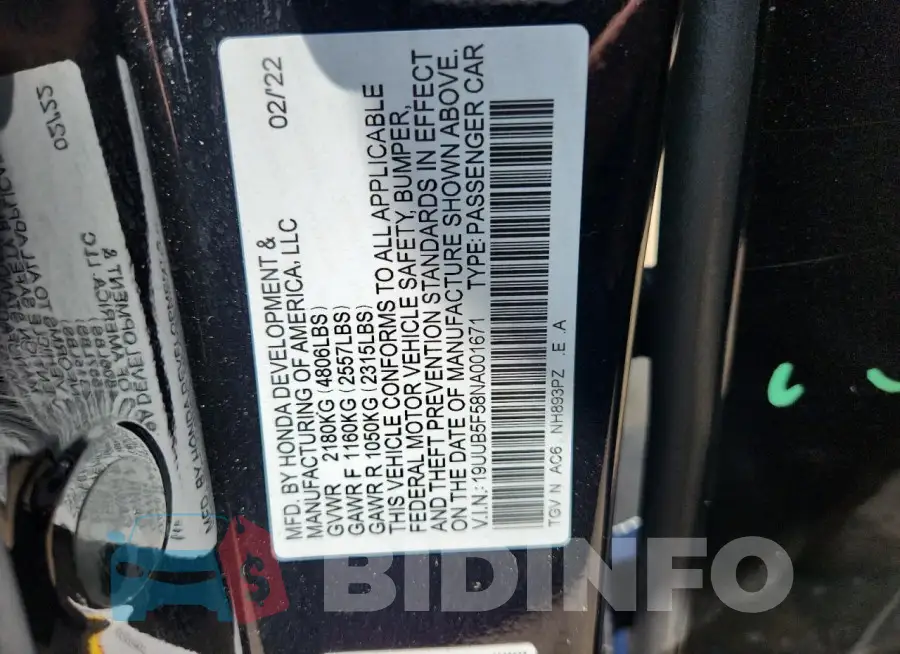 19UUB5F58NA001671 Photo# 12