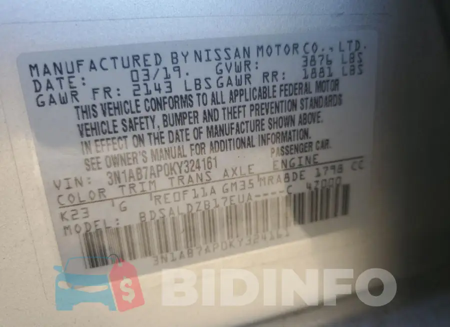 3N1AB7AP0KY324161 Photo# 13