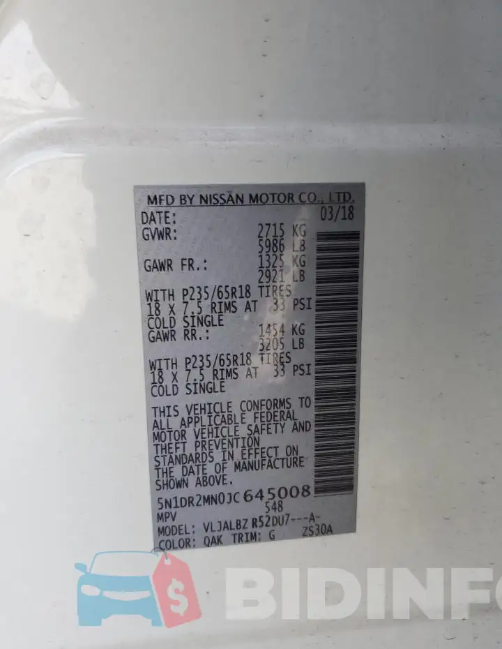 5N1DR2MN0JC645008 Photo# 14