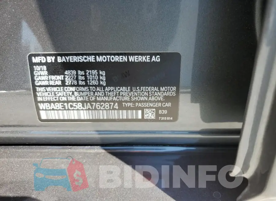 WBA8E1C58JA762874 Photo# 12