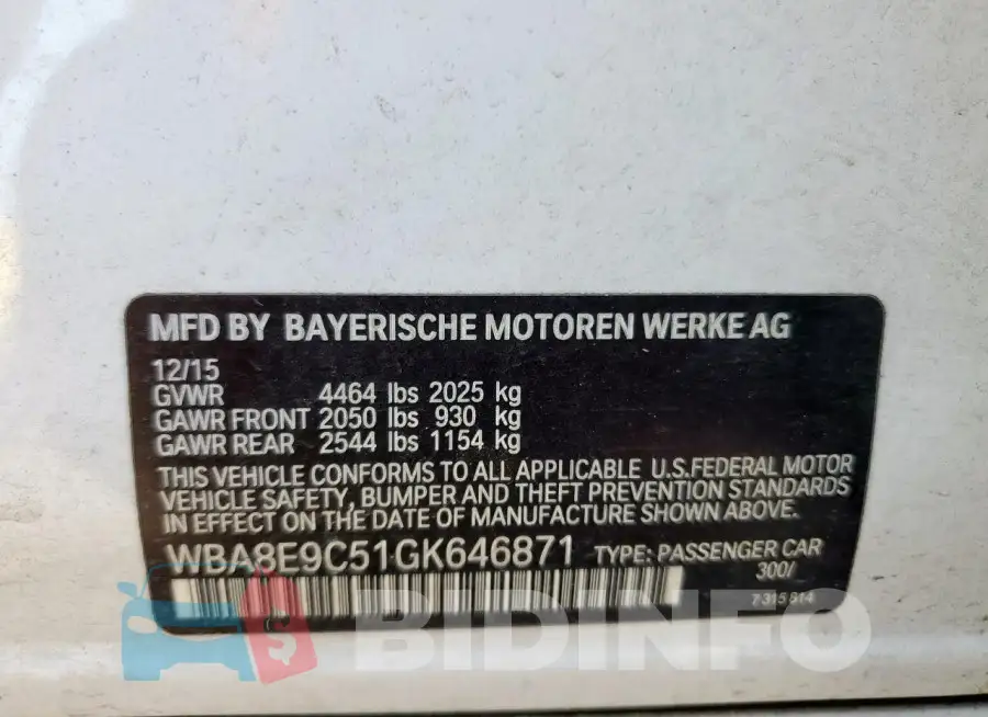 WBA8E9C51GK646871 Photo# 12