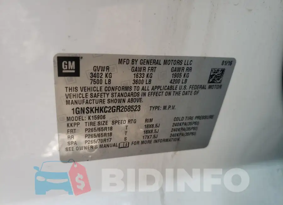 1GNSKHKC2GR268523 Photo# 13