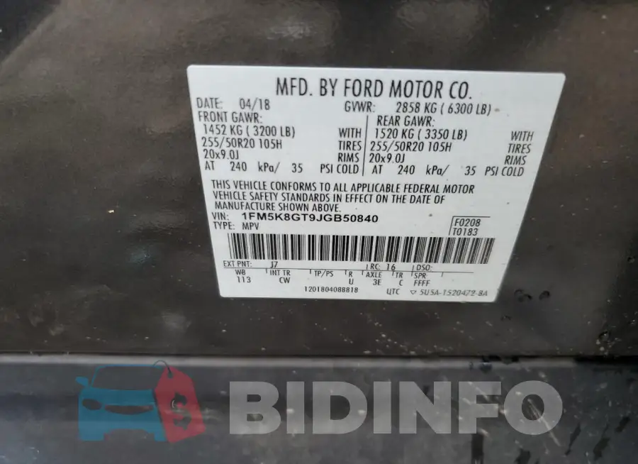 1FM5K8GT9JGB50840 Photo# 14