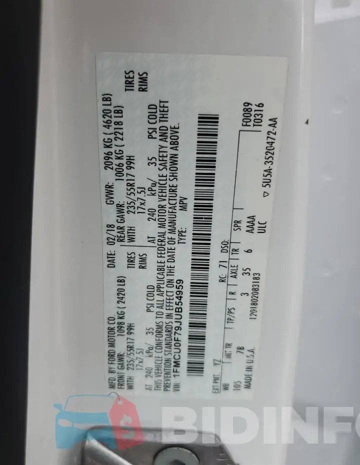 1FMCU0F79JUB54959 Photo# 13